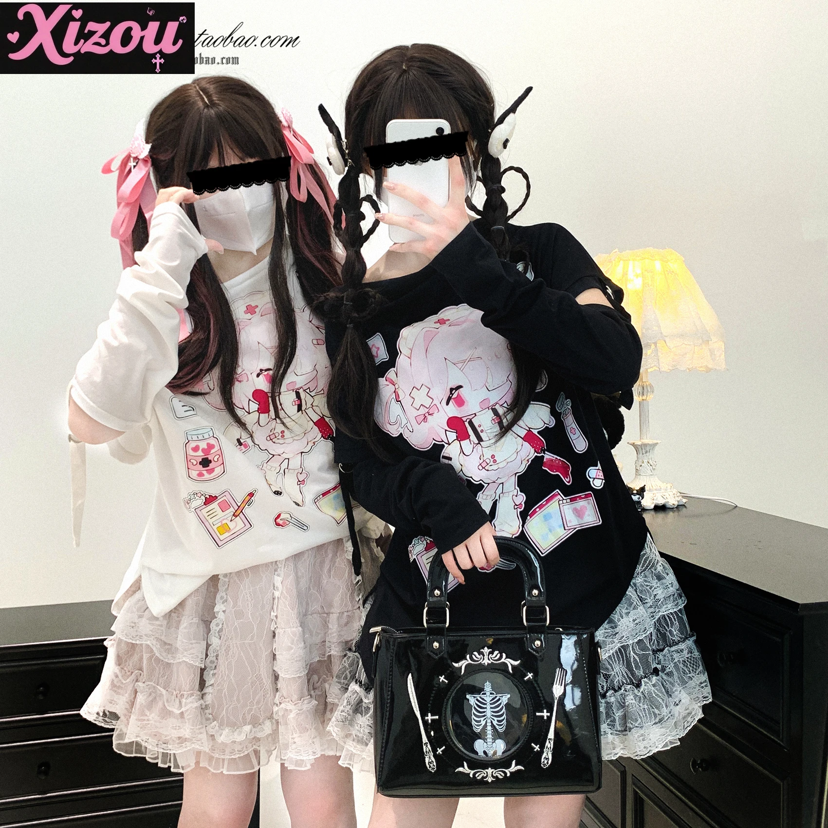 Japanse Subcultuur Y2k Zhai Meng Stapel Kraag Mouw Origineel Patroon Losse T Zacht Meisje Cartoon Leuke Print T-shirts Dames tops