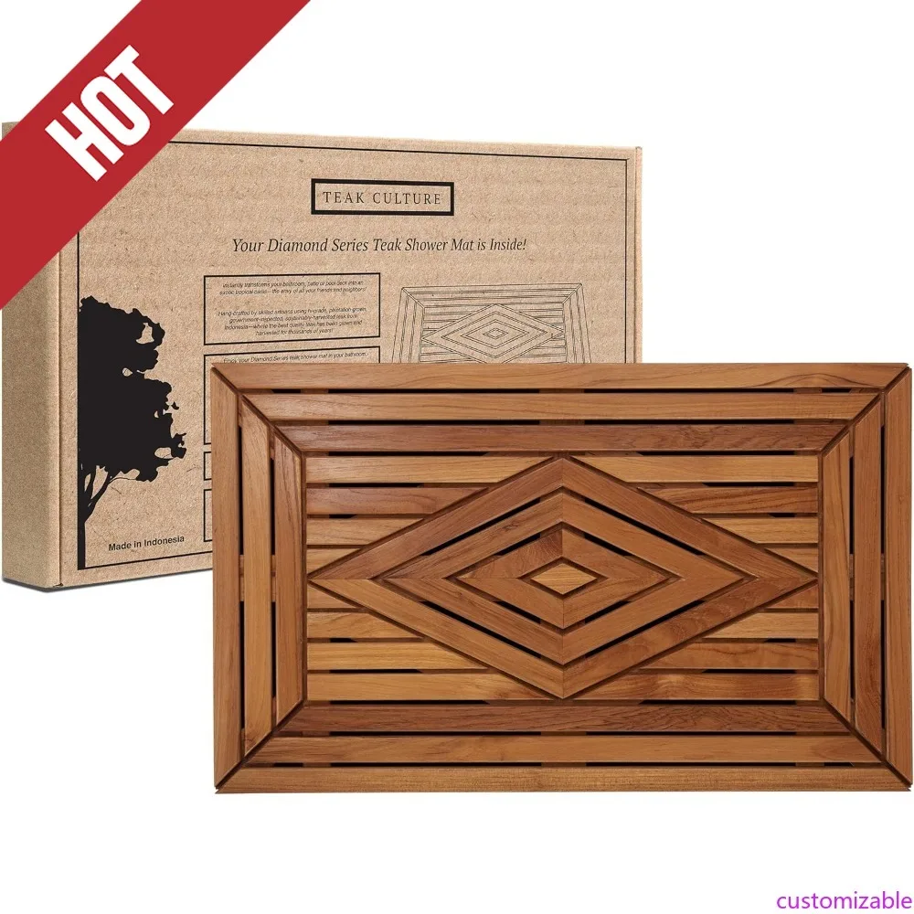 Alfombra de ducha de teca de diseño personalizable, grande, 31,5 X 19,5, resistente al agua natural con acabado en aceite de teca para baño, baño, piscina,