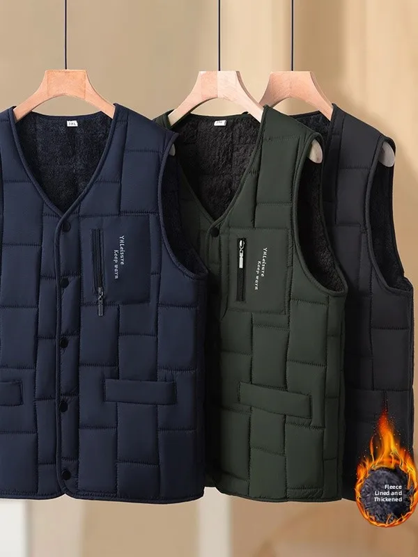 

Thiened Fce Warmth Men's Vest Autumn Winter Outerwear for Middle-Aged And ly up V-Ne Single Button Closure Sol...