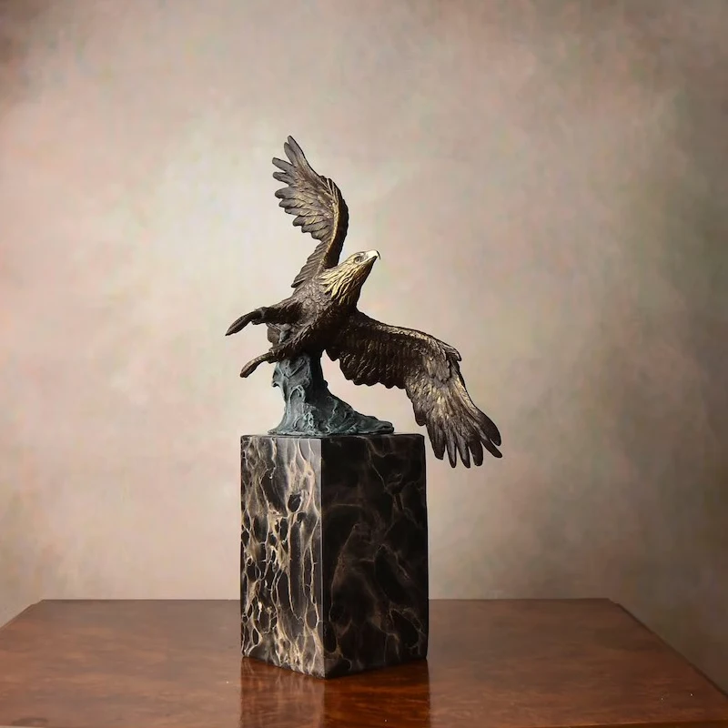 Bronze Spread Wings Eagle Statue Flying Hawk Figurine Bird Falcon Sculpture Office Home Decor Art view 2