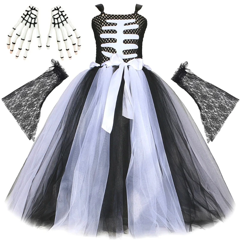 

Halloween Scary Ghost Long Tutu Dress Costumes Girls Dead of The Day Carnival Outfit with Lace Sleeves Kids White Black Skeleton