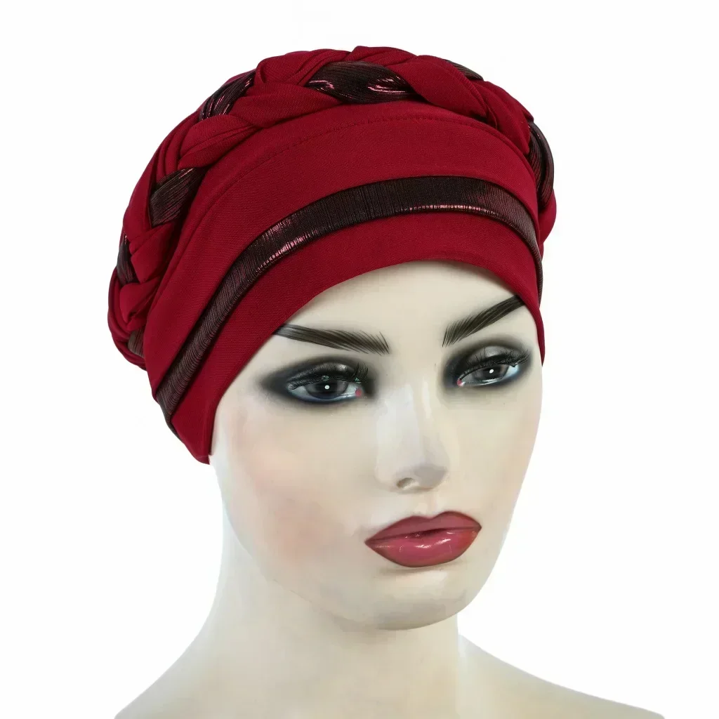 Women Muslim Braid Hijab Hat Shimmer Turban Chemo Cap Islamic Headscarf Beanie Bonnet Hair Loss Bandanas Headband Turbante Mujer