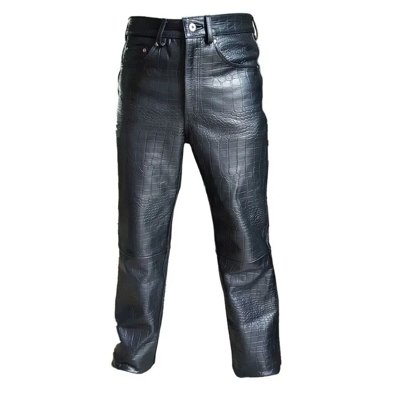 

Men's Real Leather Bikers Jeans Pants Black Alligator Crocodile Print Trousers