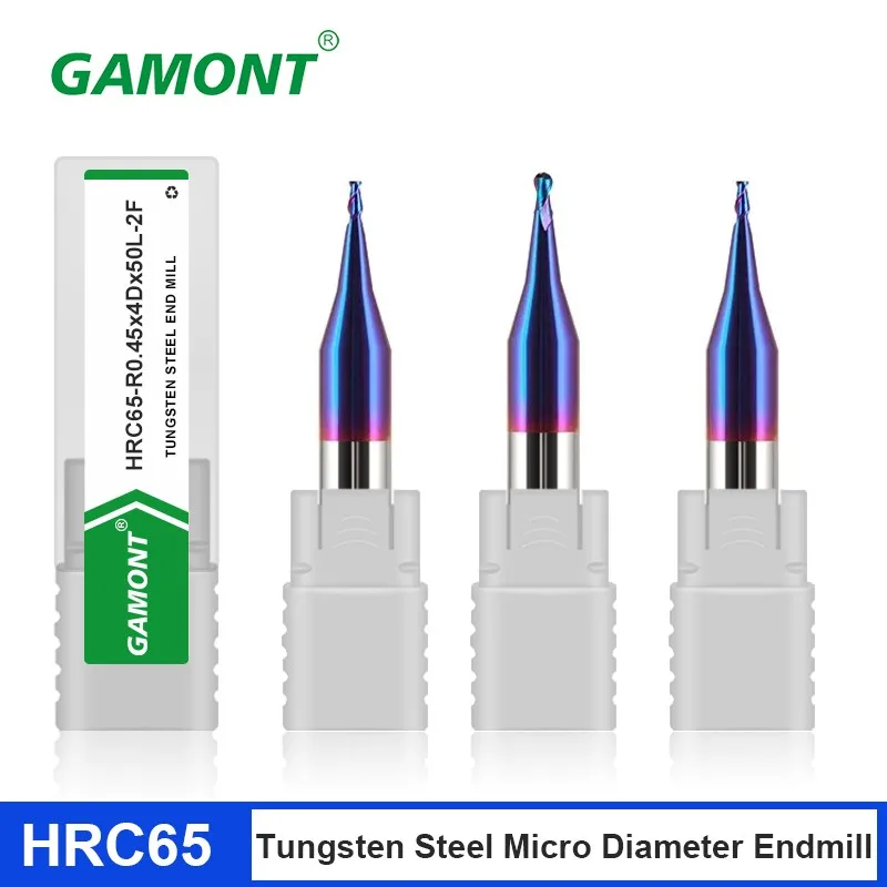 GAMONT HRC65 2F Micro Diameter Blue Nano Coating Flat /Ball End Milling Cutter Tungsten Steel Carbide CNC Machinery Endmill Tool