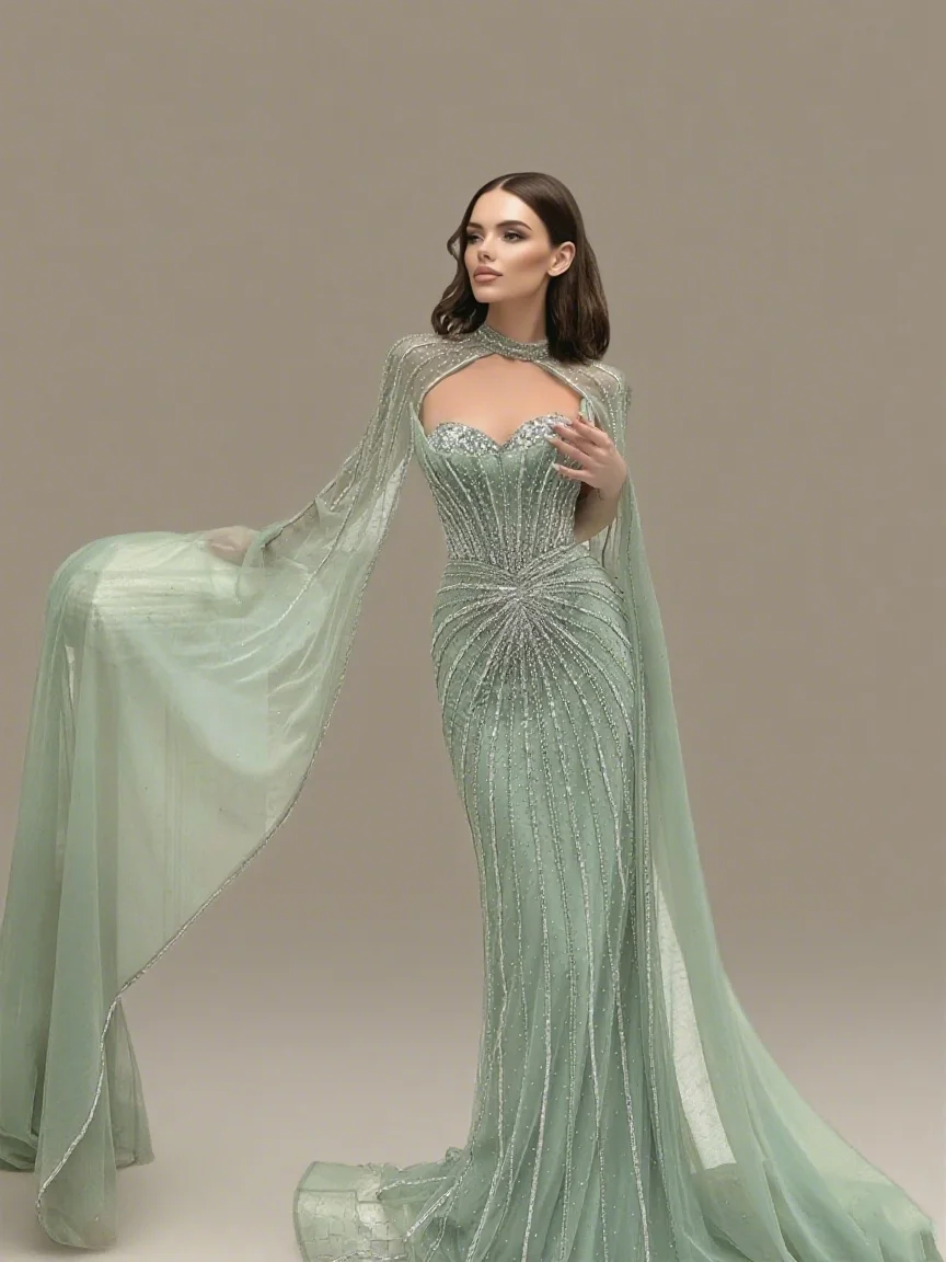 Luxury Green Halter Cape Dubai Evening Dresses Pleat Mermaid Wedding Guest Gowns Cocktail Customized