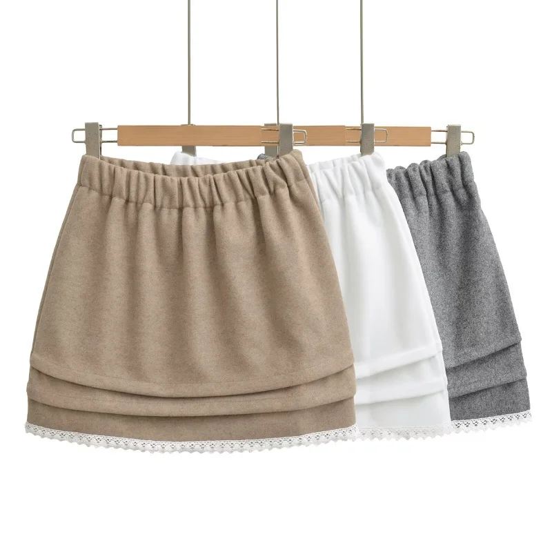 

Юбка с эластичным поясом и двойным кружевным подолом, нежная, элегантная, А-силуэта, короткая шерстяная юбка, универсальная для повседневной носки, осень-зима