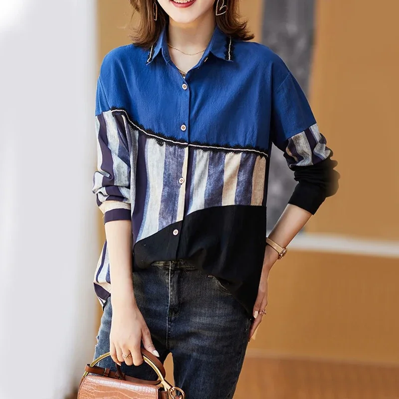 

2023 New Spring and Autumn Polo Collar Hot Diamond Contrast Printing Loose Relaxed Oversize Simple Commuter Fashion Shirt