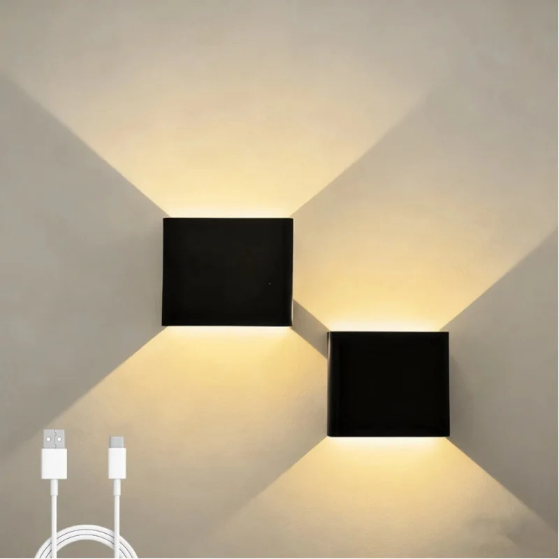 2 Stück Kabellose LED-Wandleuchten mit Sensor, Stufenlose Dimmung, Wiederaufladbar, Magnetisch, Moderne Nordische Quadratische Wandbeleuchtung für Innenräume
