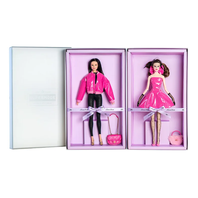 32cm Supermodel Doll With Clothes With Doll Holder Suit Fashion Pink Leather Skirt Princess Dress Up DIY Toys Collector Gift Box
