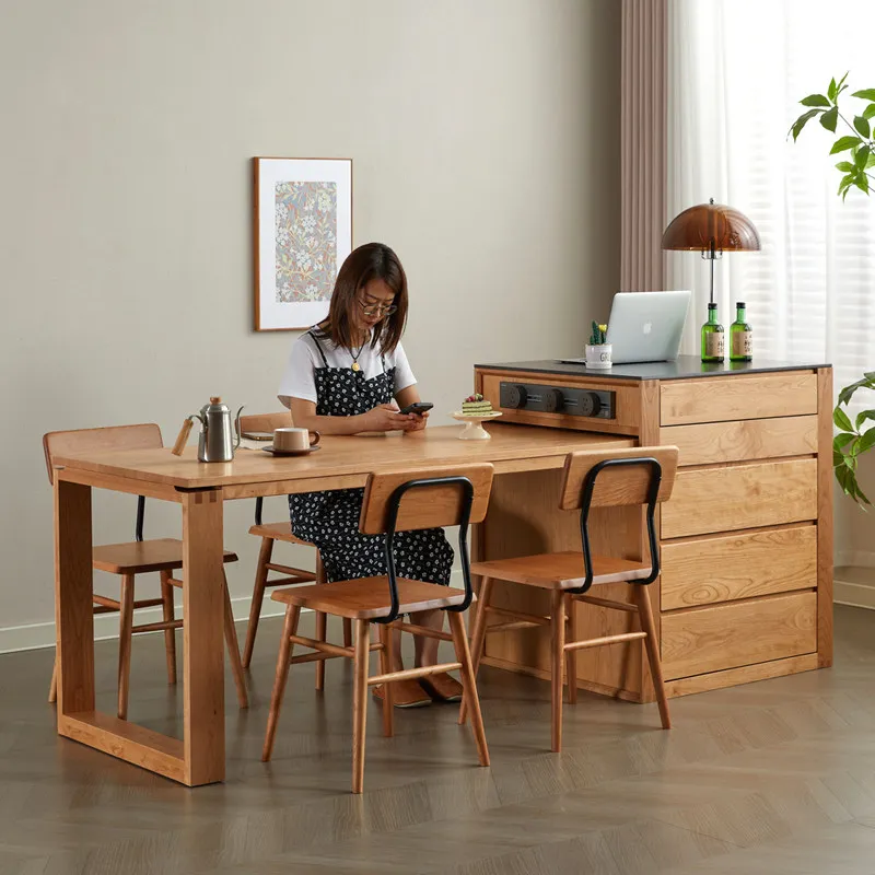 

Solid wood dining table integrated cherry wood restaurant simple bar retractable dining table log rock slab