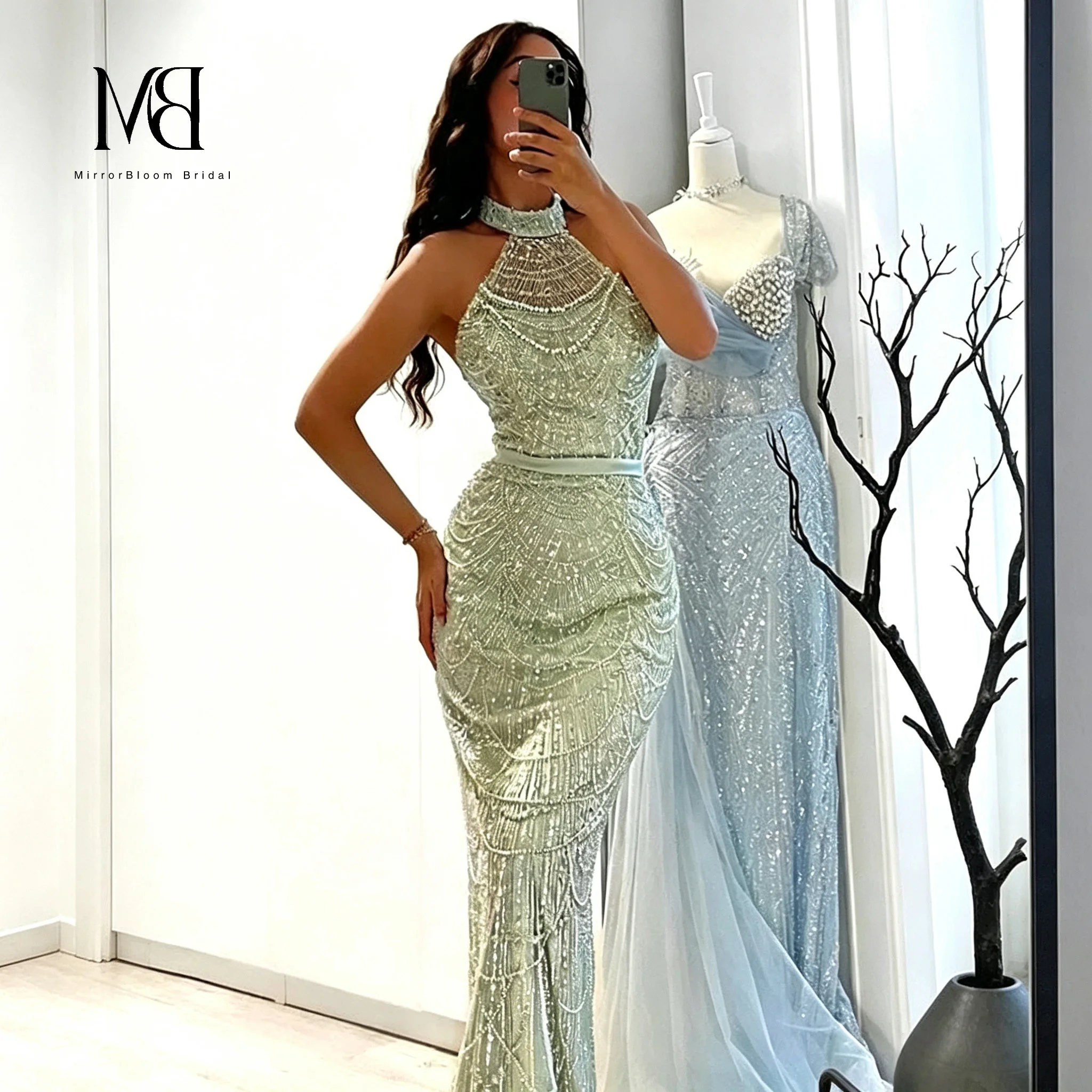 Polished Beaded Mermaid Evening Dress Halter Neck Sheer Collar Hand Stitched Linear Embellishments Floor Length Formal Gown