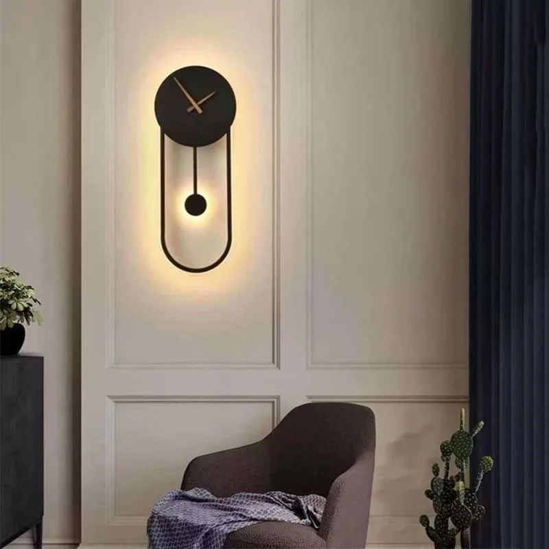Nordic Design LED Wall Lamp With Clock Wrought Iron Wall Lights for Living Room Model Room Background Lustre Sconce Lamps