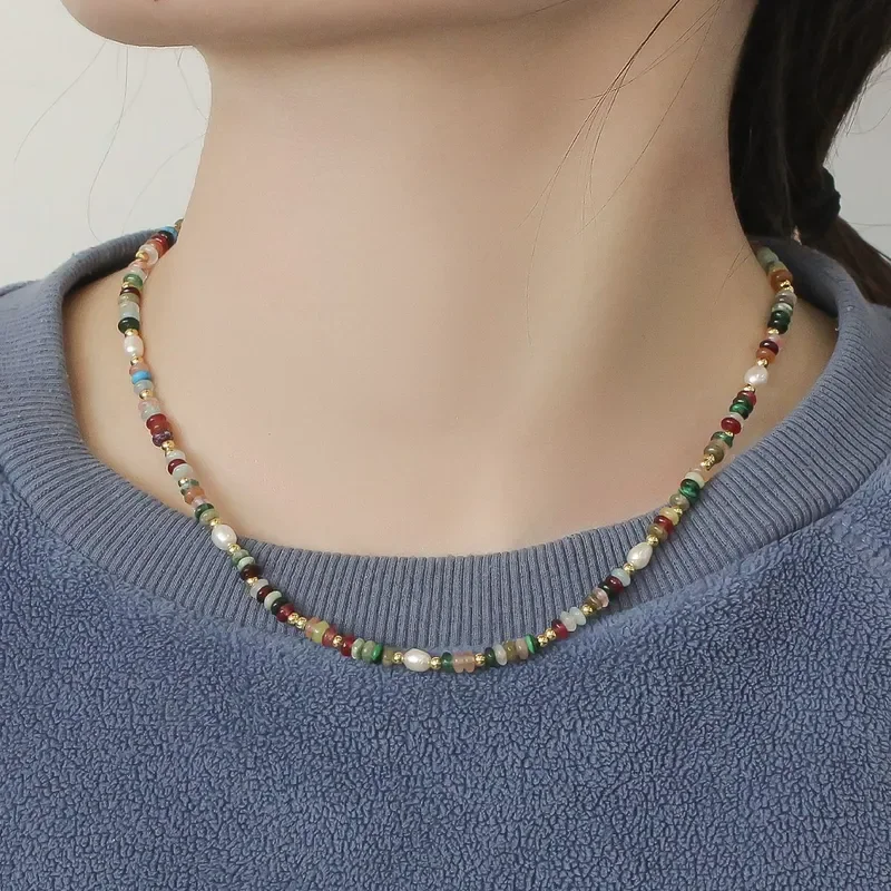 Tourmaline Stone Freshwater Pearl Necklace Spring and Summer Bohemian Beaded Necklace Versatile Premium Light Luxury Clavicle