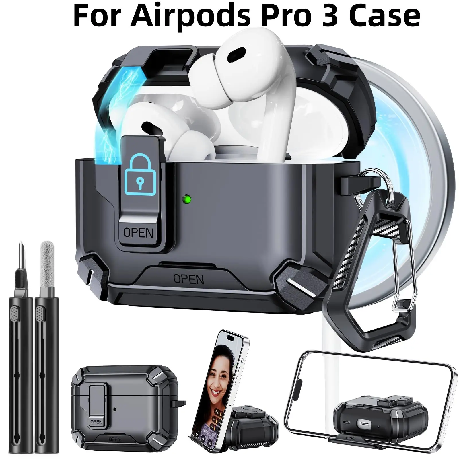 for Airpods Pro 3 (2025) Case with Secure Lock Automatic Pop-up Full Protective Hard Cover with Cleaning Kit for AirPods Pro 3