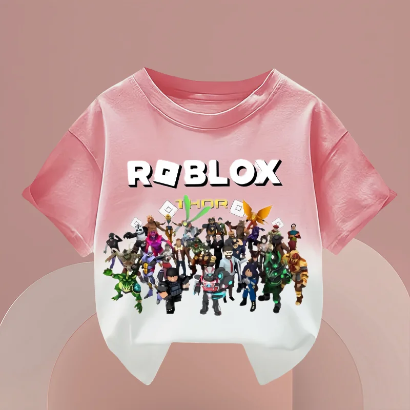 صيف جديد نمط ROBLOX الرجال والنساء في منتصف العمر الأطفال التدرج قصيرة الأكمام القطن الخالص تي شيرت الجولة الرقبة فضفاضة