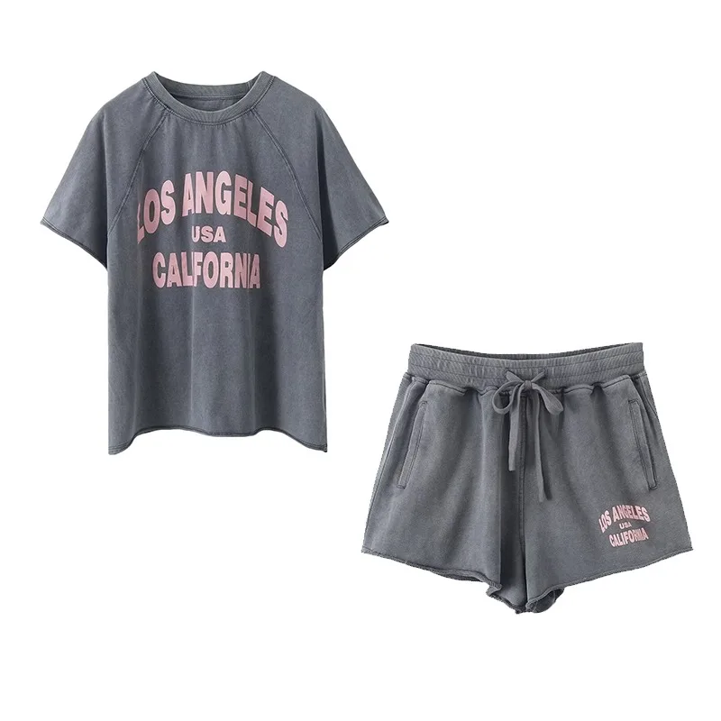 

TRAFZR Festival Outfits Washed and Distressed Women's Suit Cotton Lady Sets New Two Piece Set Short Sleeve Comfortable Size Y2k