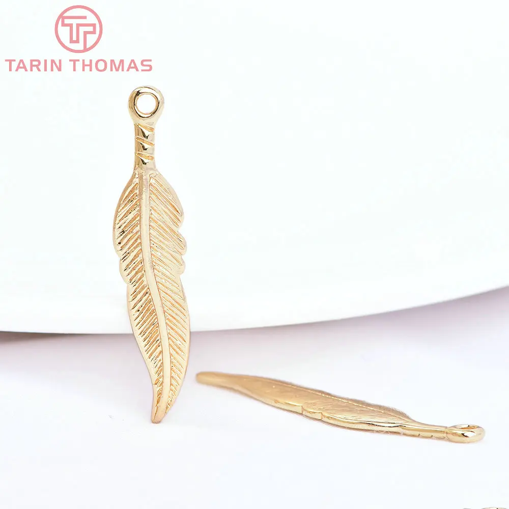(167) 5x15MM 24K Champagne Gold Color Plated Brass Feather Charms Pendants High Quality For Diy Jewelry Making Accessories