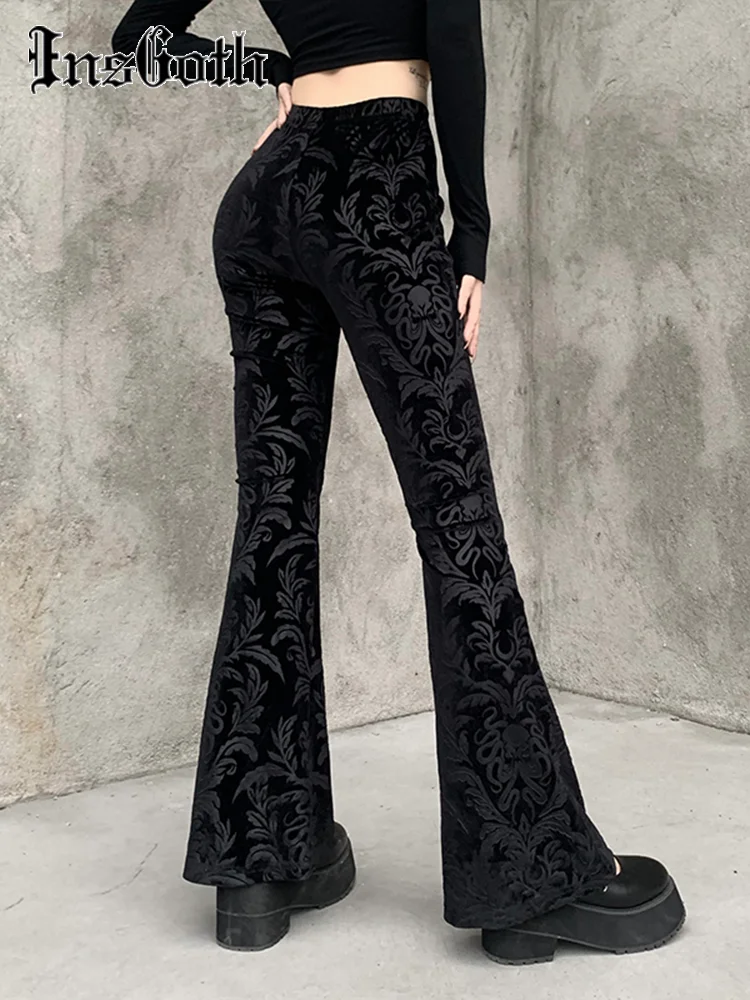 InsGoth Retro Gothic Print Black Pants Goth Harajuku High Waist Flared Pants Gothic Aesthetic Punk High Waist Women Trousers