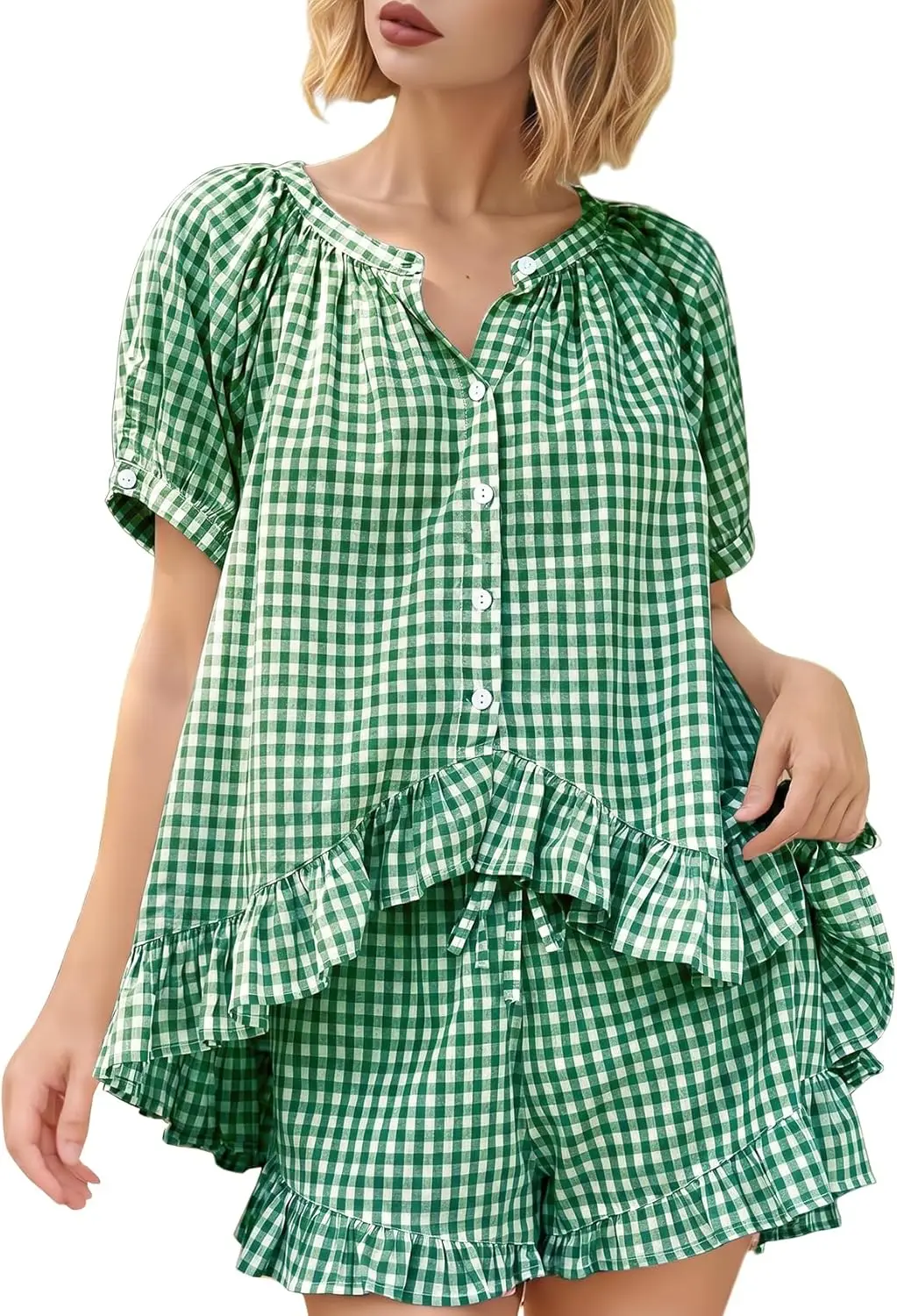Conjunto de Pijama a Cuadros para Mujer, Conjunto de Pijama de Algodón a Cuadros, Camisa con Mangas Abullonadas y Volantes, Pantalones Cortos, Conjunto de 2 Piezas para Verano