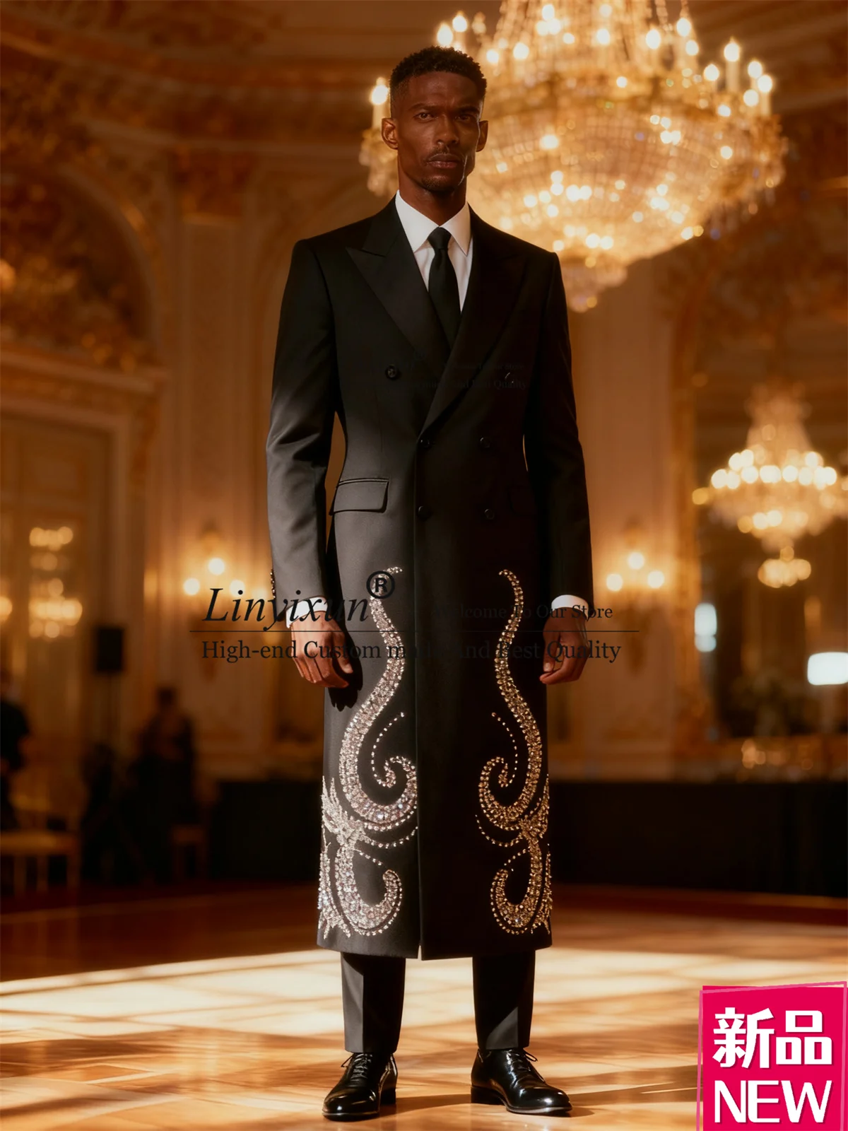 

Long Coat Pants Styls Men Suit 2 Pieces Sets Groom Male Blazers Customized Luxury Rhinestons Crystals Wedding Ropa hombre