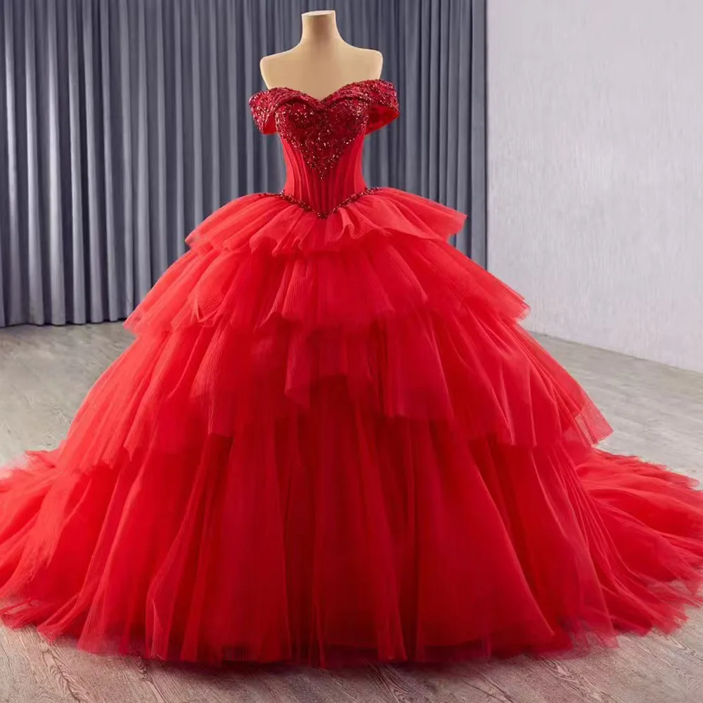 

2026 Women's Red Off The Shoulder Sweetheart Dress Lace Up Back Sequined Tiered Customizable Luxury Evening Gown