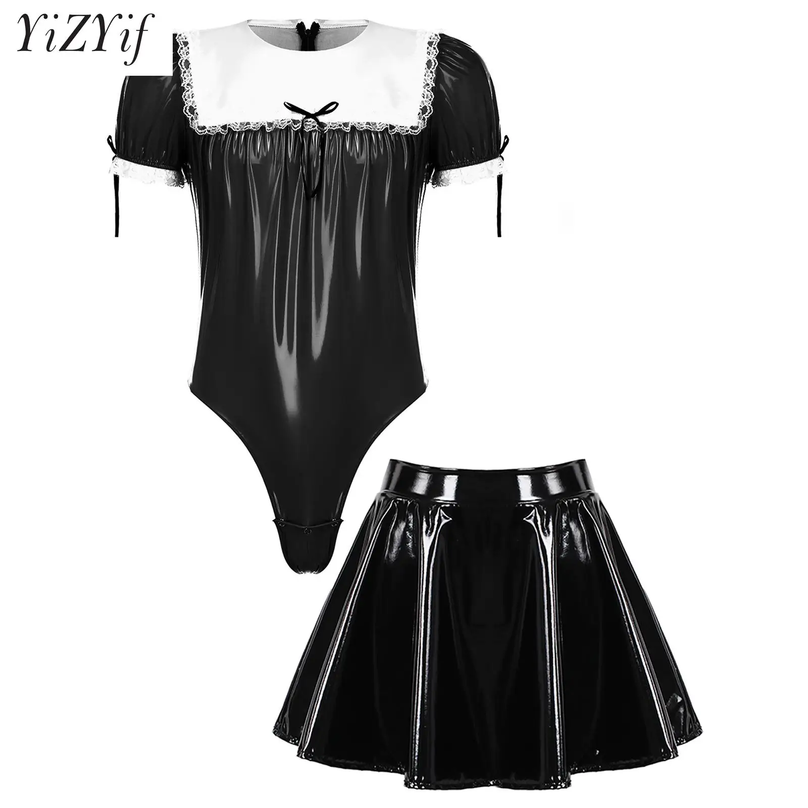 

Men Maid Uniform Cosplay Costume Sissy Set Wetlook Patent Leather Zipper Bodysuit Leotard with Flared Skirt Outfit Crossdresser