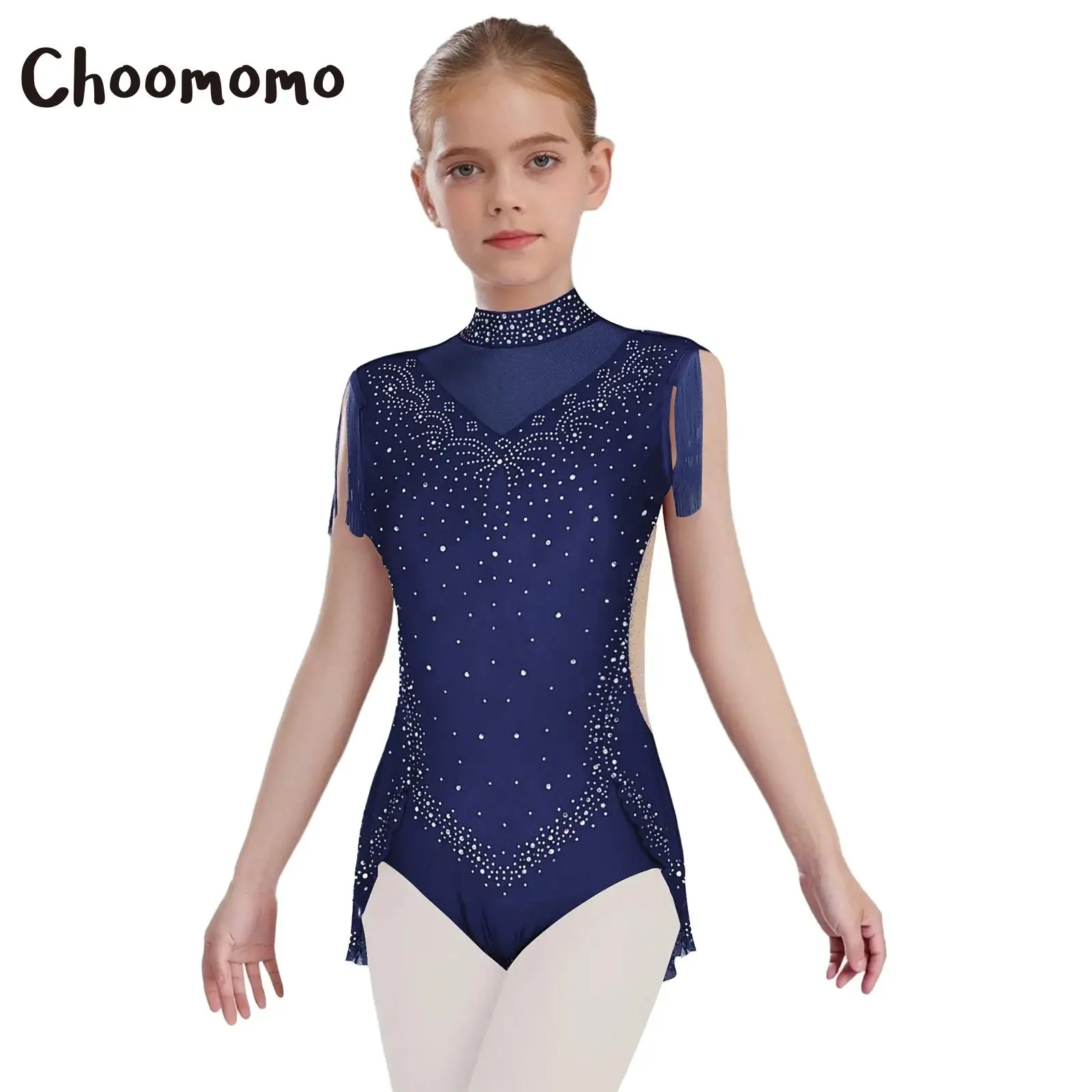 

Girls Figure Skating Rhythmic Gymnastics Leotard Ballet Jersey Sleeveless Shiny Rhinestone Tassel Skirted Bodysuit Performances