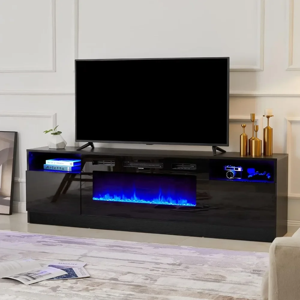 70 inch TV bench with 36 inch electric fireplace, large modern wooden TV cabinet with high-gloss cabinet and 12 color LED lights