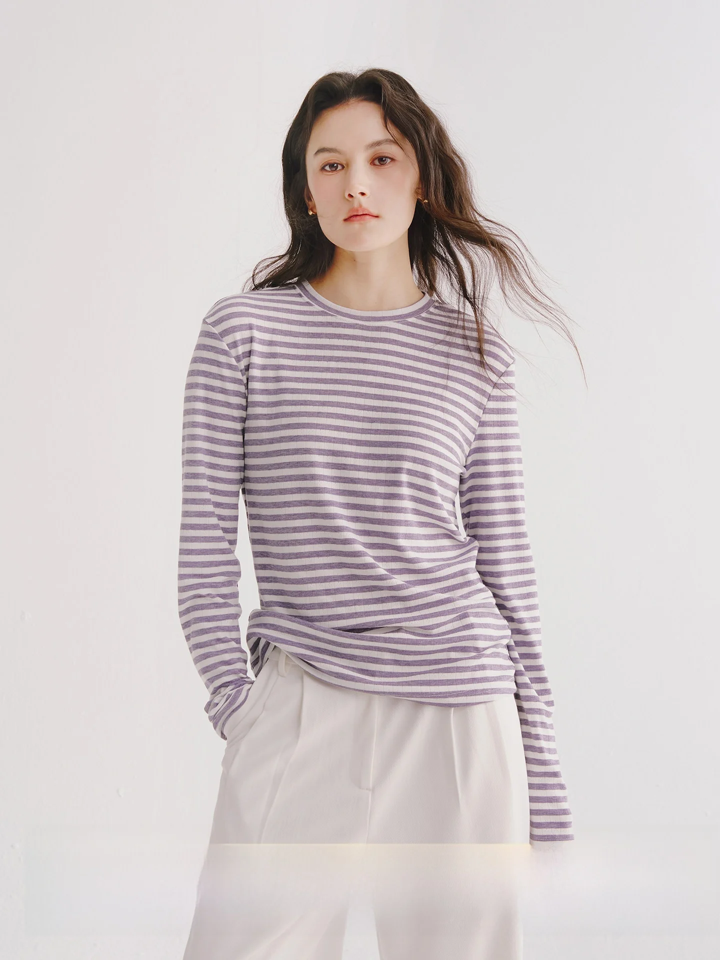 

next Wed Purple Vine round Ne Striped Base Layer Long Sve T-irt Commute Sle Slim Fit Polyester Regenerated Fiber