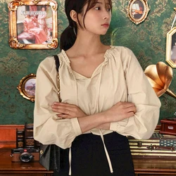 2024 Summer Cute Sweet Girls Women Cotton Blend Tops Blusas Preppy Style Retro Chic Korea Japan Lace-Up Bow Tie Shirts Blouse