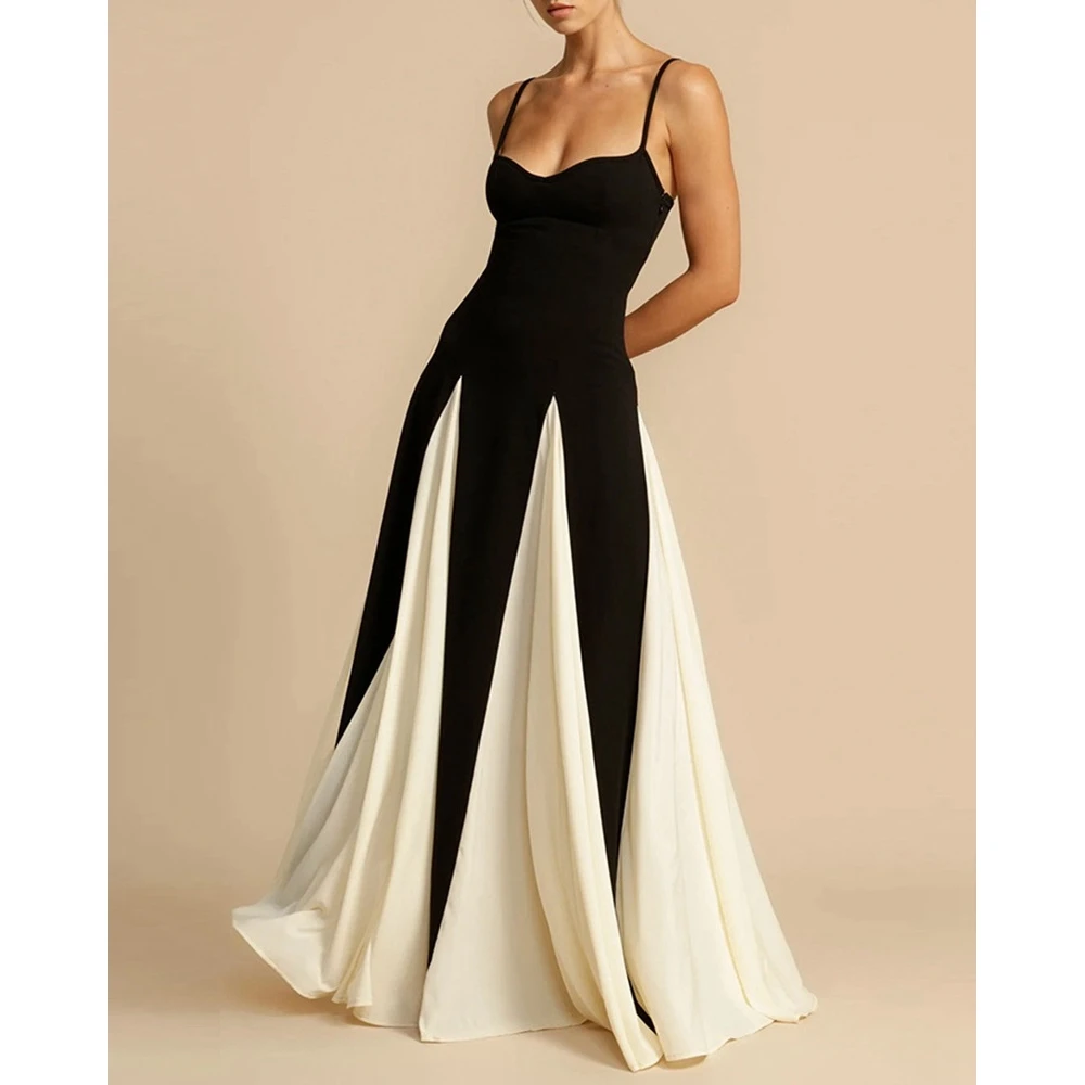 

Women's Black White Colorblock Spaghetti Strap Maxi Formal Dress Summer Sweetheart Neck Backless Sexy Party Evening Long Dress