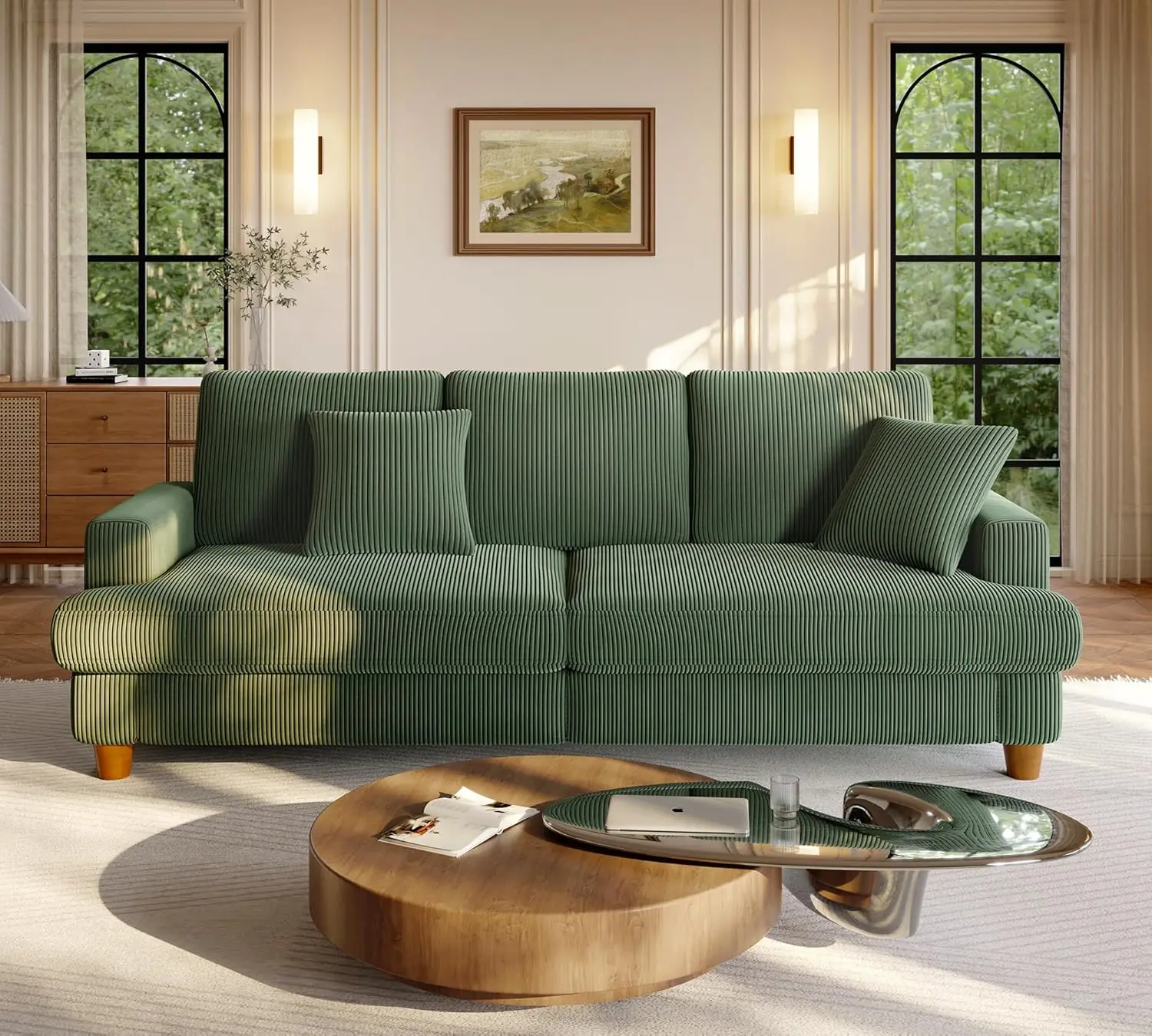 

87.2" Couches, Comfy Green Couch 7.5" Extra Thick Cushion, Sofas for Living Room Tool-Free Setup,Corduroy Couch for Bedroom