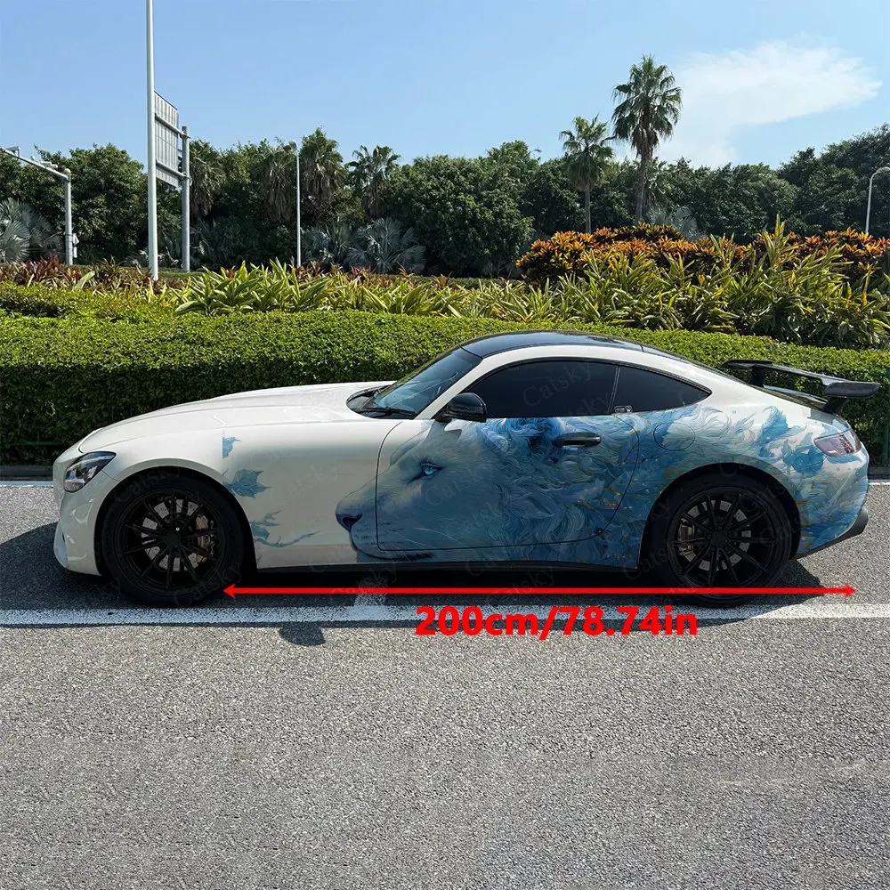 2pcs Fantasy Blue Lion Head Car Side Wraps, Self-Adhesive PVC Waterproof & Scratch-Resistant Stickers, Car Accessory Gift