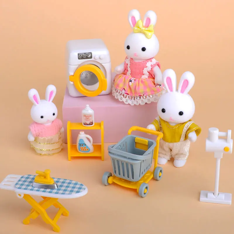 Juego de muebles en miniatura para casa de muñecas, Mini casa de juguete familiar de conejos, juego con diversos escenas, accesorios, regalos de cumpleaños, 4 Uds.