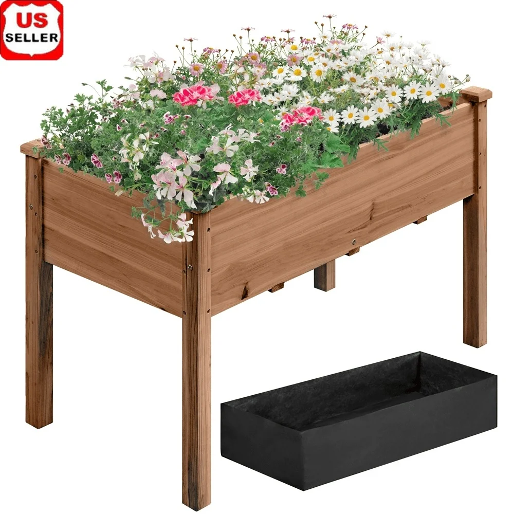 

Elevated Rectangle Wood Garden Bed Planters Durable Fir Construction Easy Assembly Outdoor Use with Drainage Holes Fabric Liner