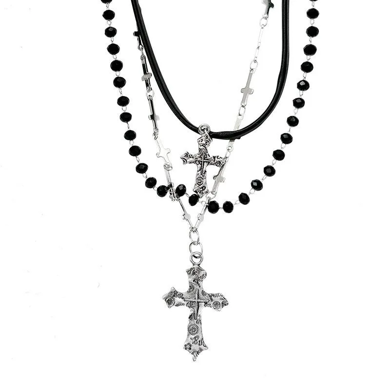 Millennium Hot Girl Y2k Retro mehrschichtige Kreuzperlen-Halskette für Frauen, süße coole dunkle Punk-geschichtete Schlüsselbeinkette – Detail 6