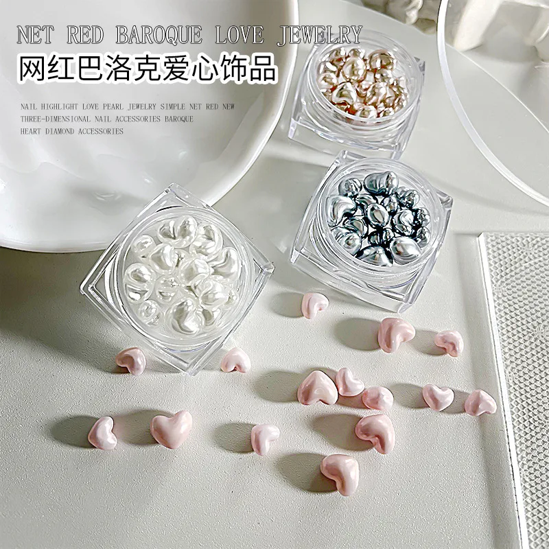 15Pcs/Box Nail Art Pearl Rhinestones 10Pcs Small Size And 5Pcs Big Size Nail Art Charms 4 Colors Heart Nail Art Decoration Gems