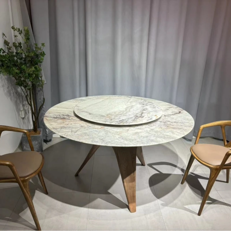 

Nordic postmodern minimalist supercrystalline stone solid wood feet round dining table household small apartment dining table