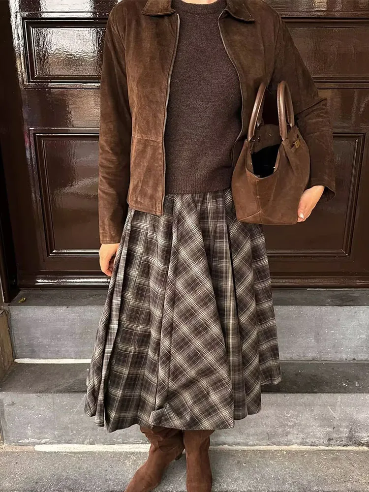 HH Vrouw Mode Losse Rits Rok Vrouwen Chic Plaid Geplooide decoratie Midi Rok Casual Hoge Taille Street Style Rok 2 Kleuren