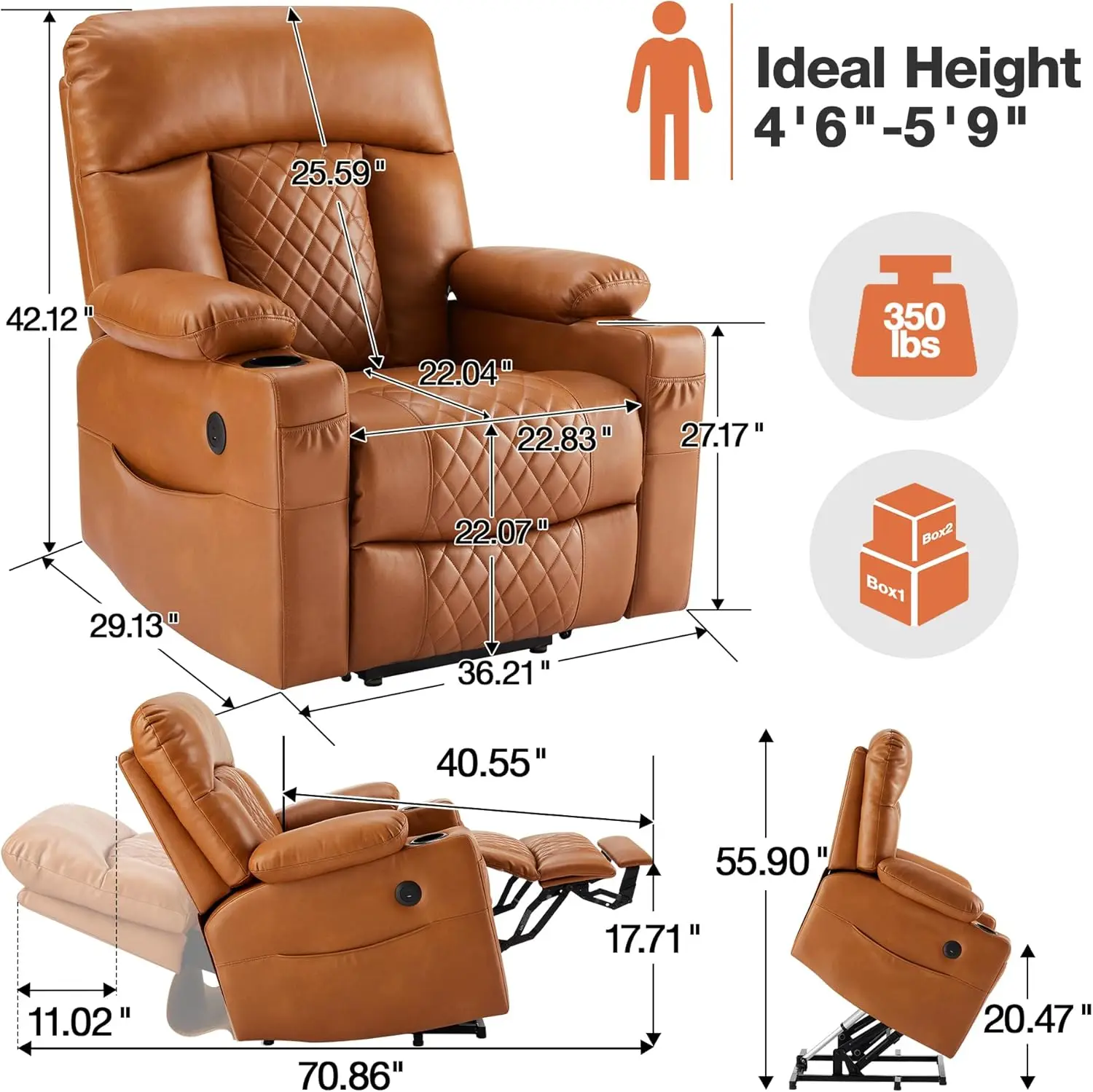 Factory Direct Eiayeebil Light Brown Leather Recliner Chair Dual Motor Heat Massage USB Type C Ports Infinite Position Lift