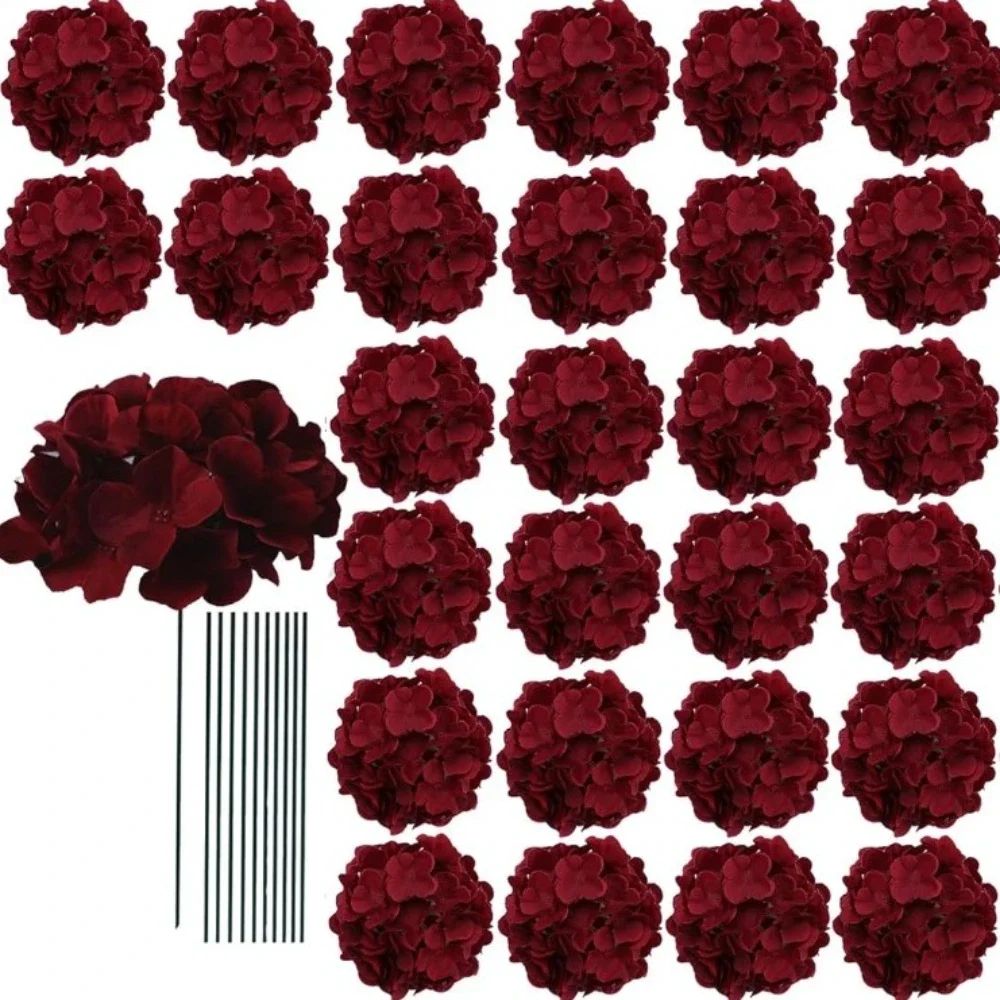 42 fleurs d'hortensia artificielles réalistes avec tiges - Fleurs bordeaux, hortensias en plastique adaptés pour les mariages DIY, Chris