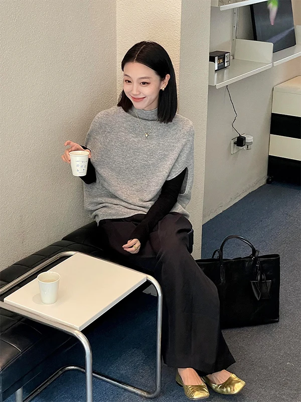 سترة نسائية كورية أنيقة وفريدة من نوعها، محبوكة عالية الجودة، للخريف والشتاء، ناعمة ومريحة، صدرية عصرية بياقة عالية