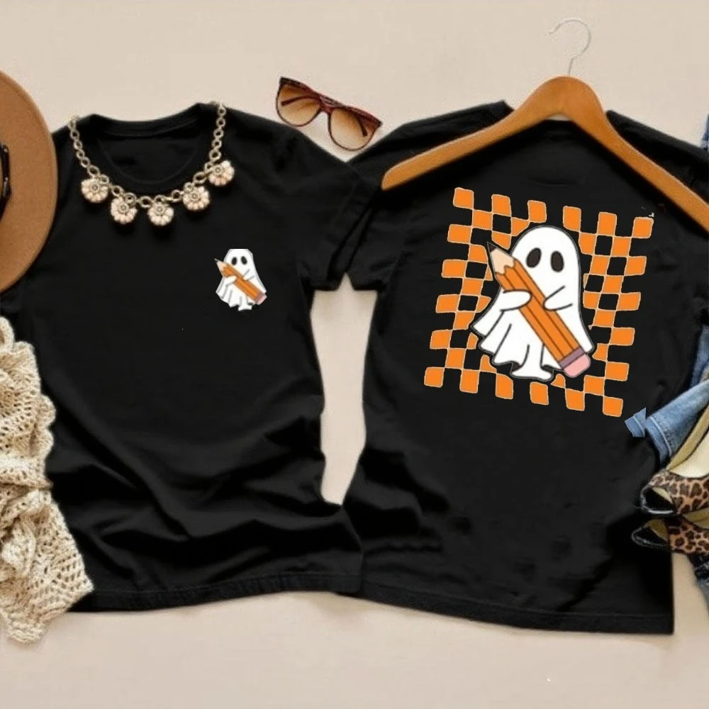 ハロウィン教師シャツかわいいゴースト教師ハロウィンシャツ、不気味な教師トップスオールハロウィンデイシンプルスタイル女性Tシャツ