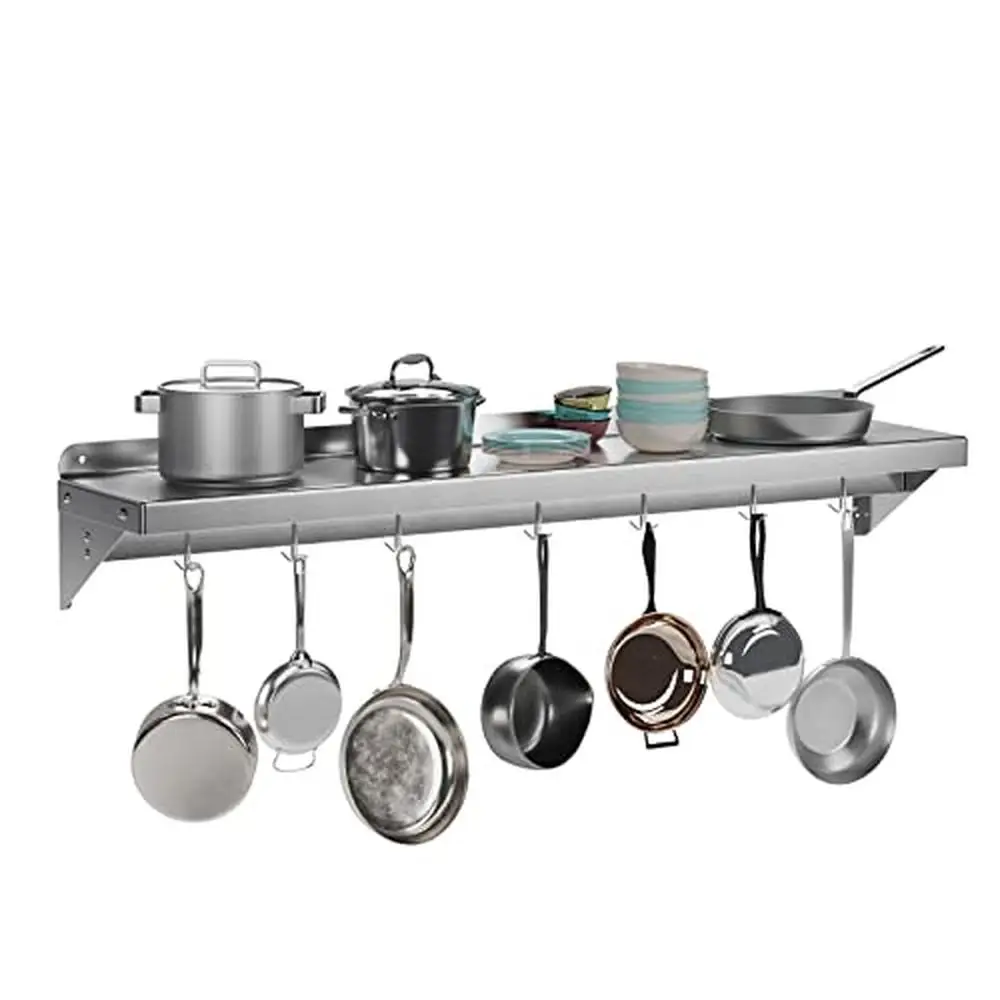 Commercial Grade Stainless Steel Wall Mounted Pot Rack with 7 Hooks Heavy-Duty Floating Shelf Storage 12