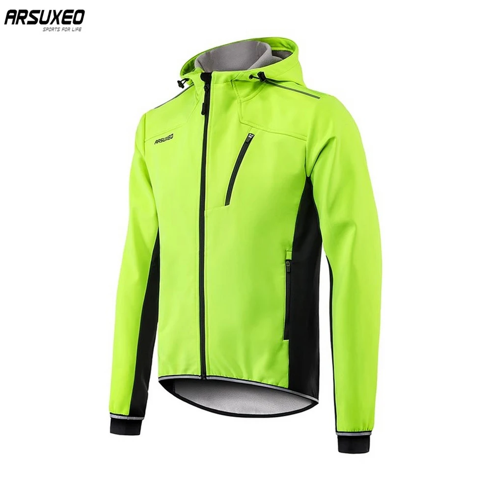 ARSUXEO Men Winter Cycling Jacket Hooded Thermal Fleece Bike Coat Windproof Waterproof MTB Jacket Bicycle Jersey Reflective