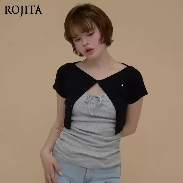 Japanese 2026 Summer New Sweet Floral Bow Lace Up Slim Fit Suspender Vest T Shirt V Neck Short Sleeved Knitted Short Top Women