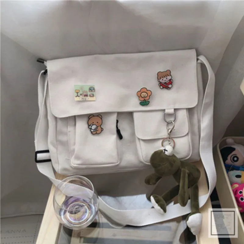 Japanische Harajuku niedlichen Retro Mädchen Umhängetasche schicke Abzeichen Leinwand Cross body Schult aschen Student einfarbige Umhängetasche Schulranzen – Detail 16