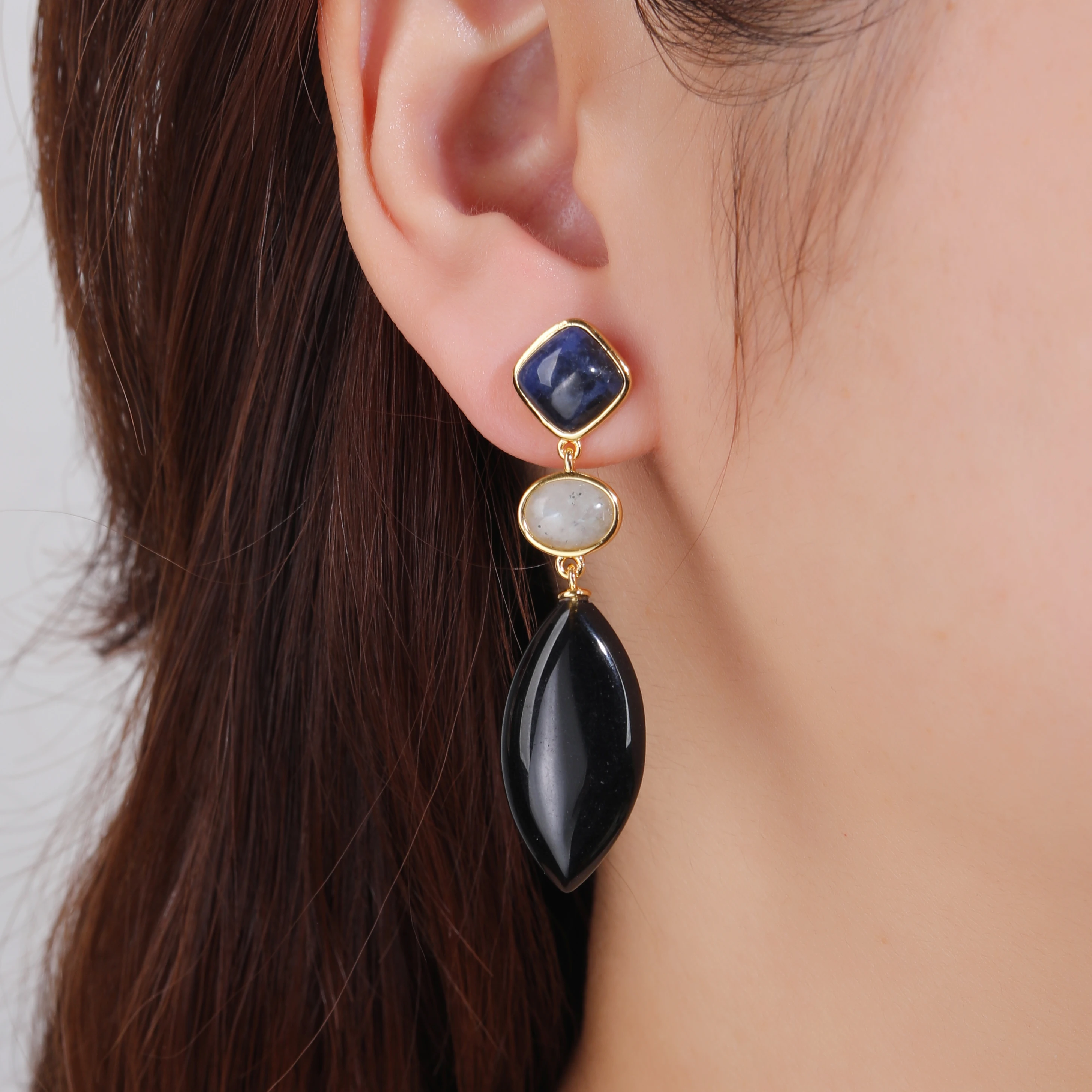 

High Quality Natural Gemstone Dangle Earrings 3 Mark Color-Preserving Electroplating Black Onyx Sodalite Labradorite Pendant