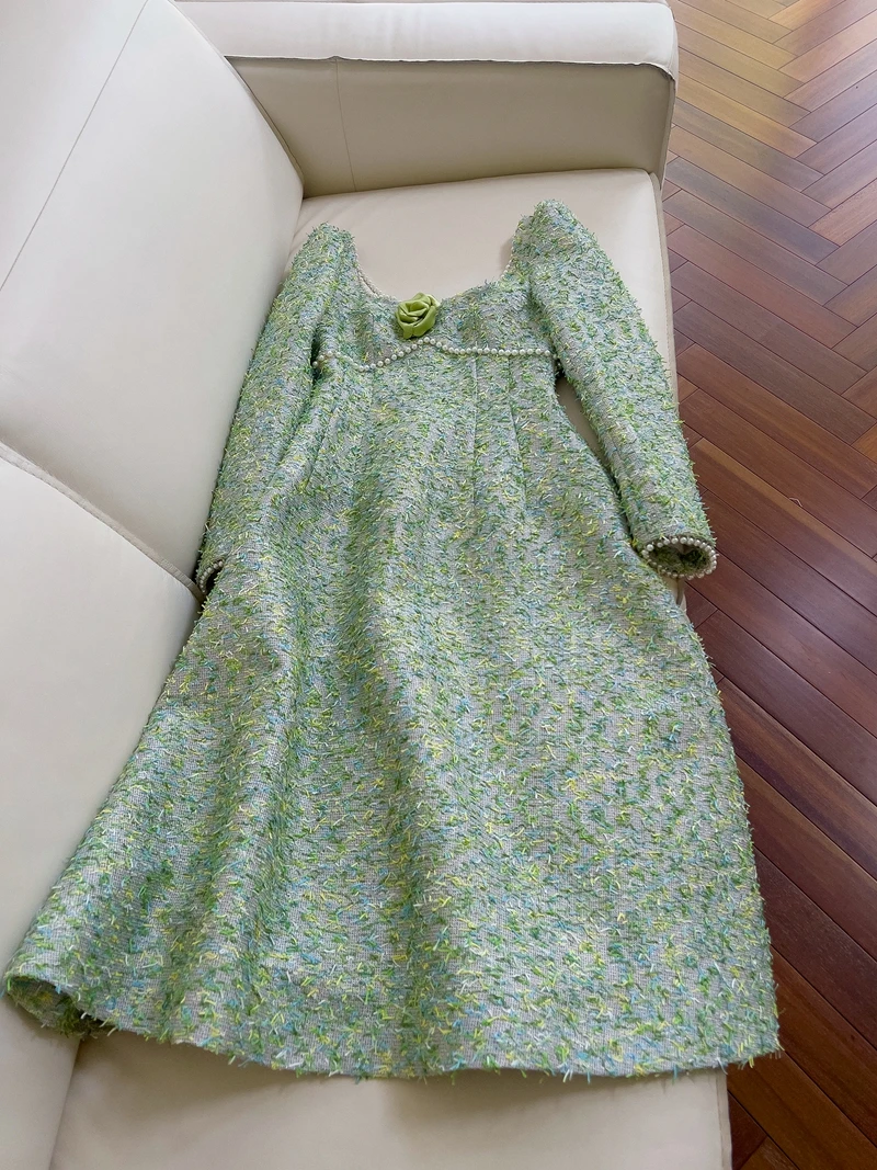 Retro de lujo perla Tweed cuello cuadrado Bal 3D flor cintura ceñida alta gama noche Dr coreano Sle falda con cremallera