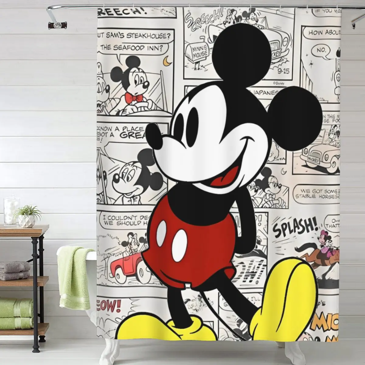 Mickey Mouse Cartoon Theme Shower Curtain Sets Bathroom Decor Curtains with Grommets and Hooks 60 x 72 Inch